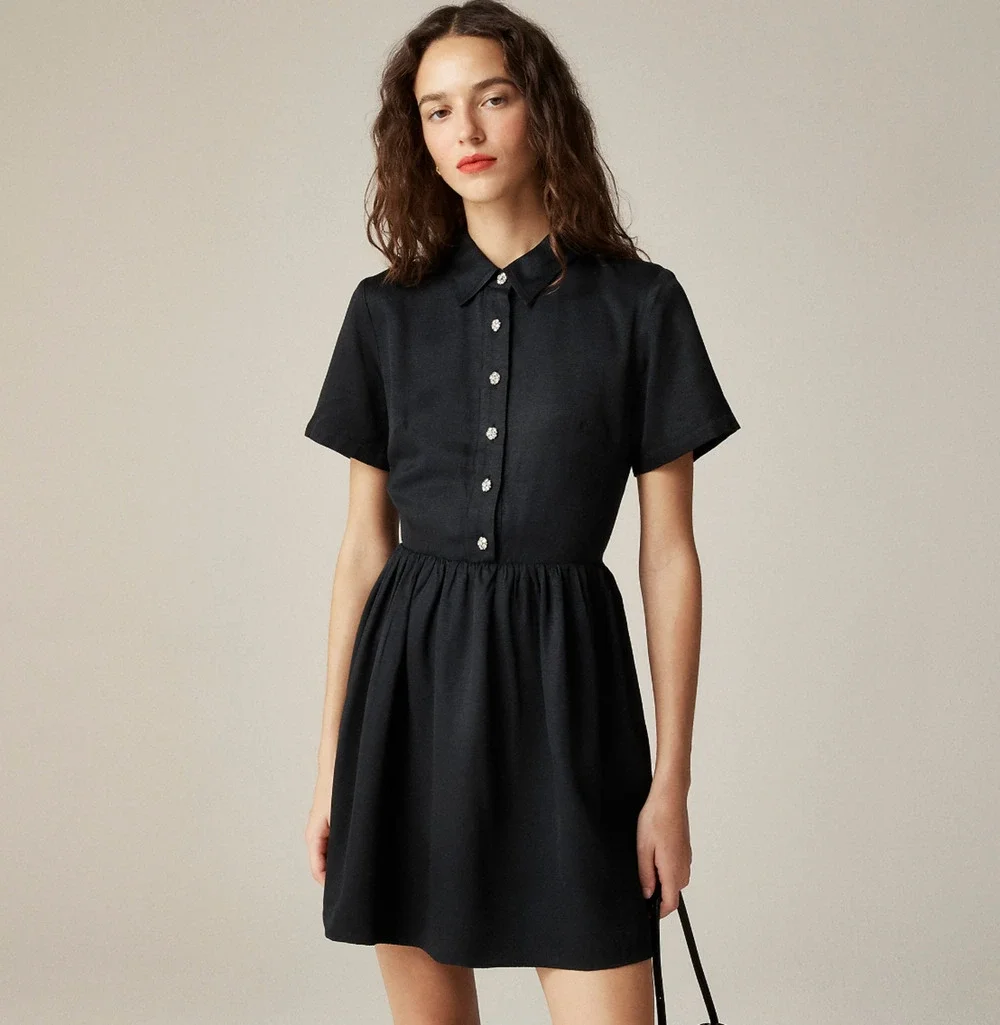 J.Crew Collection Shirtdress Jewel Buttons Mini Black Viscose Preppy US 2 NWT